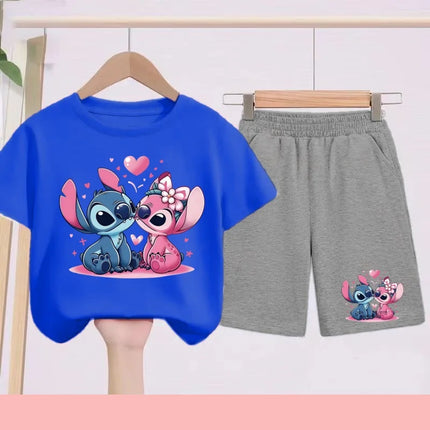 Kids Disney Stitch Print Summer Cute Breathable Tees + Shorts 2pcs 3-12 Years Boy Girls Round-neck Set Children Leisure Clothing