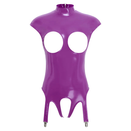 Womens Lingerie Latex Catsuit Glossy Patent Leather Hollow Out Open Bare Exposed Nipples Crotchless Bodysuit with Garters Clips