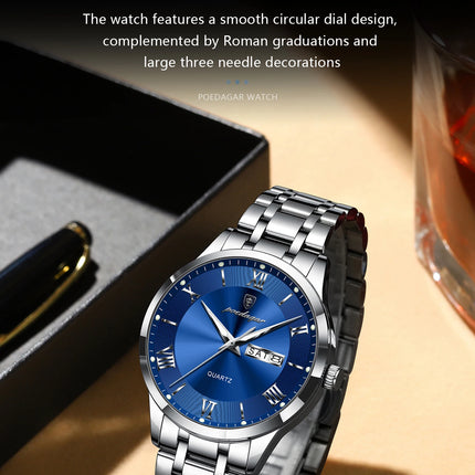 POEDAGAR Luxury Man Clock Waterproof Luminous Week Date Fashion Men's Wristwatch Stainless Steel Business Quartz Watches For Men