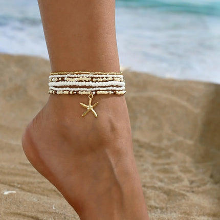 Multilayer Bohemia Rice Bead Anklet Set for Women Fashion Starfish Pendant Anklets Summer Sandy Beach Ankle Chain on Leg Jewelry