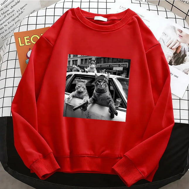 Streetwear Cat Crew Neck Hoodies Warm Fleece Sweatshirt Vintage Crew Neck Pullover Casual Female Clothes
