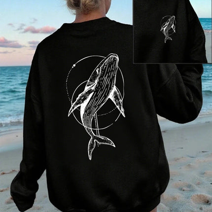 Humpback Whale Printing Sweatshirts Women Casual Crewneck Hoodies Winter Fleece Warm Pullover Loose Comfortable Womans Clothes