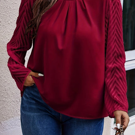 Plus Size Women's Solid Elegant Crew Neck Shirt Casual Mesh Patchwork Long Sleeved Temperament Commuting Versatile Fashion Tops
