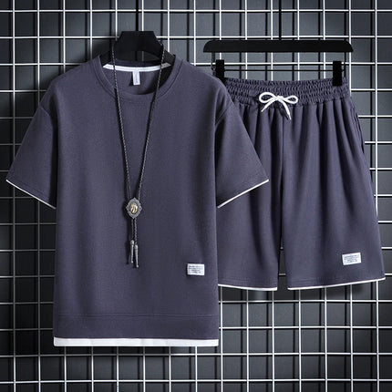 Summer Men's Waffle Sets Casual T-Shirt And Shorts Set Male Sports Suit Solid Color Tracksuit Loose Suits