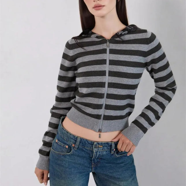 Women Full Zip Up Hoodie Sweatshirt Striped Long Sleeve Zipper Crop Shirt Color Contrast Y2k Hooded Cardigan Jacket