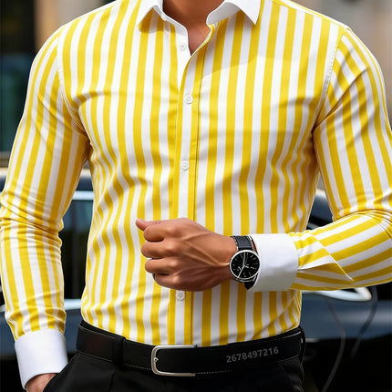 Men's Business Casual Striped Long-Sleeved Shirt, Stylish Design with Lapel and Contrasting Color Splicing, Men's Casual Top