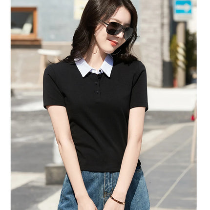 Summer New Cotton Polo Shirt Solid Color Polo Neck Short Sleeve High Waist Short Style Slim Fit Fashion Casual Women's Shirt