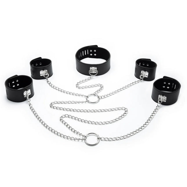 BDSM PU Leather Handcuffs Anklecuffs Collar Connecting Cuffs Constraints Adult Sex Slave Bondage Fetishism