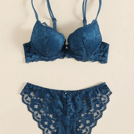 1 Set Elegant Lace Embroidery & Breathable Fabric Lingerie Set: Push-Up Bra, Drop Waist Sheer Panty - Ultimate Valentine's Day