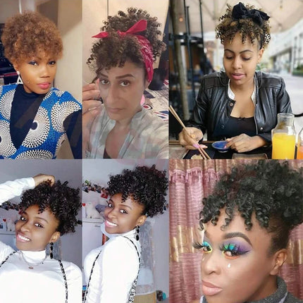 Afro Puff Drawstring Ponytail with Bangs Pineapple Updo Hair for Black Women, Short Kinky Curly Synthetic Ponytail Bun