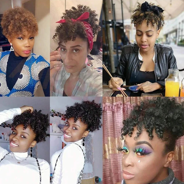 Afro Puff Drawstring Ponytail with Bangs Pineapple Updo Hair for Black Women, Short Kinky Curly Synthetic Ponytail Bun