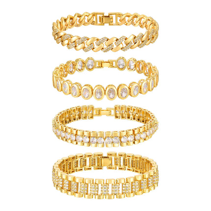 Paperclip Chain Bracelet 14K Gold Plated Cubic Zirconia Watch Strap Chunky Link Adjustable Stackable Jewelry For Women Girl Gift