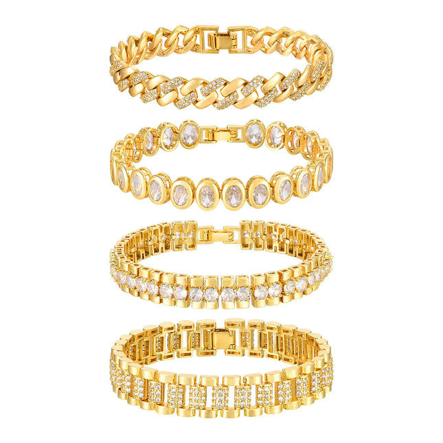 Paperclip Chain Bracelet 14K Gold Plated Cubic Zirconia Watch Strap Chunky Link Adjustable Stackable Jewelry For Women Girl Gift