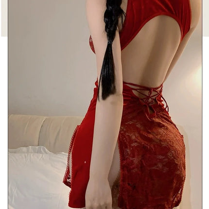 3XL Large Size Cheongsam Uniform Chinese Antique Temptation Pajamas Embroidery See Through Mini Dress Qipao Cosplay Lingerie