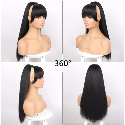 Synthetic Hairpiece Yaki Drawstring Ponytail Extension with Bangs - Long Yaki Straight Clip in for Black Women for Daily Party