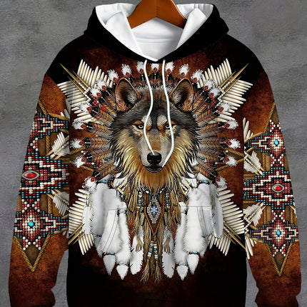 Men'S 3D White Wolf Print Hoodie, Casual Long Sleeve Pullover with Drawstring Pocket, 100% Polyester Slight Stretch Men Clothing