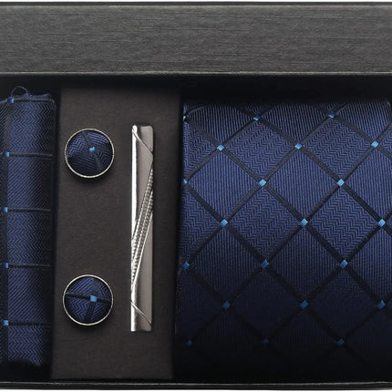 Classic 100% Silk Men's Ties In Gift box 8cm Plaid Dot Striped Business Necktie Handkerchief Cufflinks Wedding Party Tie Set