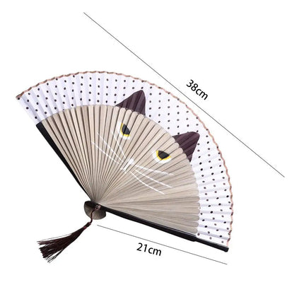 1 pcs Exiquisite Cat Patterns Summer Gift Cartoon Bamboo Wooden Folding Fan Fan Crafts Silk Fan Home Decoration