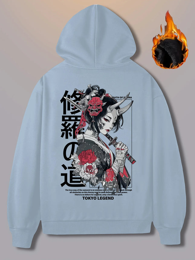 Japan Anime Samurai Street Cherry Blossom Adult Men Women Hooded Sweatshirt Sports Winter Fleece Warm Casual Daily Top Clothing