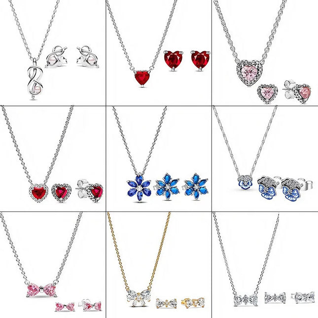 2025 New Birthday Day Gift S925 Silver Earrings Heart &Infinity Knot Jewellery Set Pink Bow Earrings Original Women Jewelry