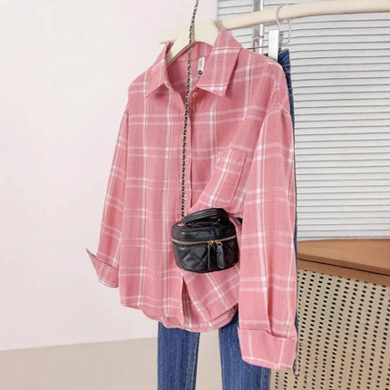 Retro Hong Kong Style Loose Long Sleeve Pink Plaid Shirt Women's Autumn Summer Lazy Slimming Casual Versatile Outerwear Top