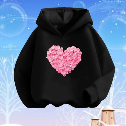 Pink Heart Flower Print Hoodies Girls Long Sleeve Pullover Loose Sweatshirt Spring Autumn Cotton Basic Top Fashion Clothes