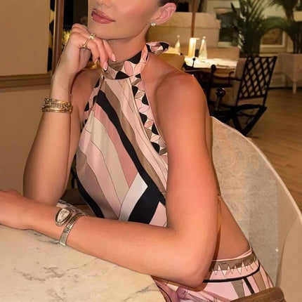 Summer Printed Women Crop Top Metal Strap Backless Lace Up Tank Chic Party Beach Strapless Vestidos 2025 Lady Vacation Clothing