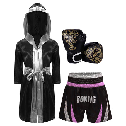 Boys Girls Halloween Carnival Boxer Cosplay Costume Boxing Robe Outfit Long Sleeve Satin Pugilism Hooded Cloak with Belt Shorts