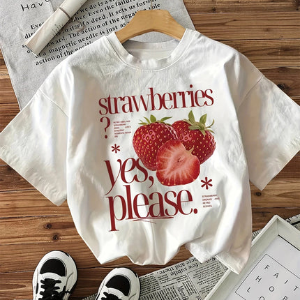 100% Cotton T-shirt Strawberry Graphic Print Women'S Vintage Casual Printed T Shirt Round Neck Short Sleeve Top Tee