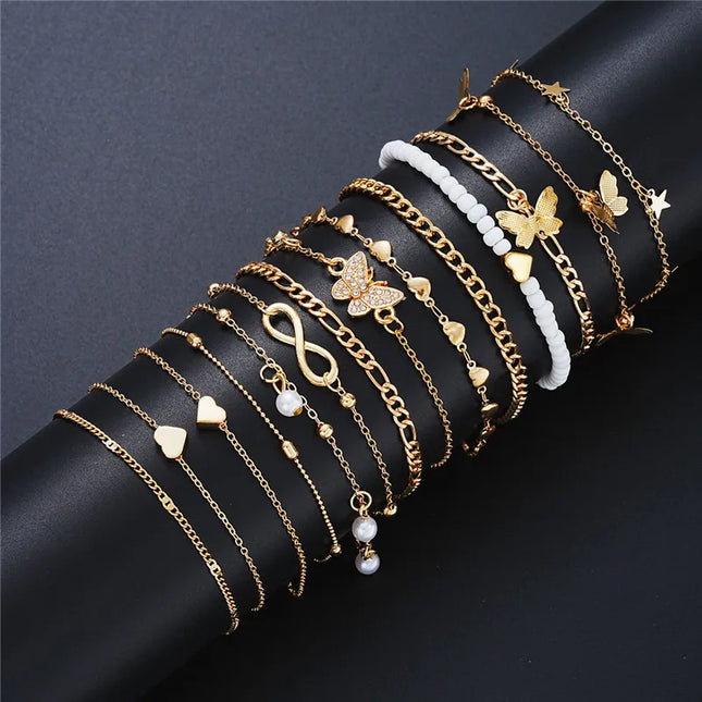 14 Pcs/Set Fashion Metal Butterfly Heart Pendant Anklets Set Bohemia Vintage Pearl Foot Bracelet Beach Woman Jewelry Gifts 2025