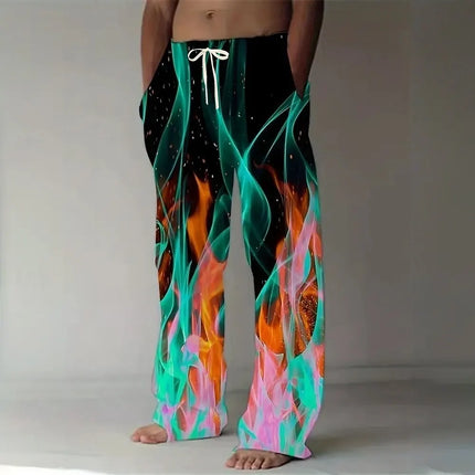 2025 Fashion Men's Optical Illusion Flame Trousers Baggy Pants Casual Pants Mid Waist Elastic Drawstring Waist Pants Fall Spring