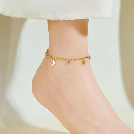 Hot Sell Exquisite Gold Color Stainless Steel Small Round Zircon Star Moon Pendant Anklets for Woman Korean Summer Beach Jewelry