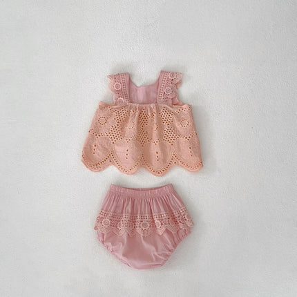 New Summer Baby Girl Round Neck Sleeveless Lace Splicing Top+Clear Color Bag Pants 2-piece Set