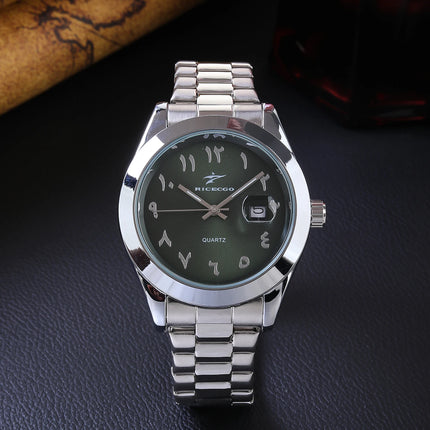 A quartz wristwatch with a stainless steel strap and personalized dial, equipped with a date display function. The simple and atmo