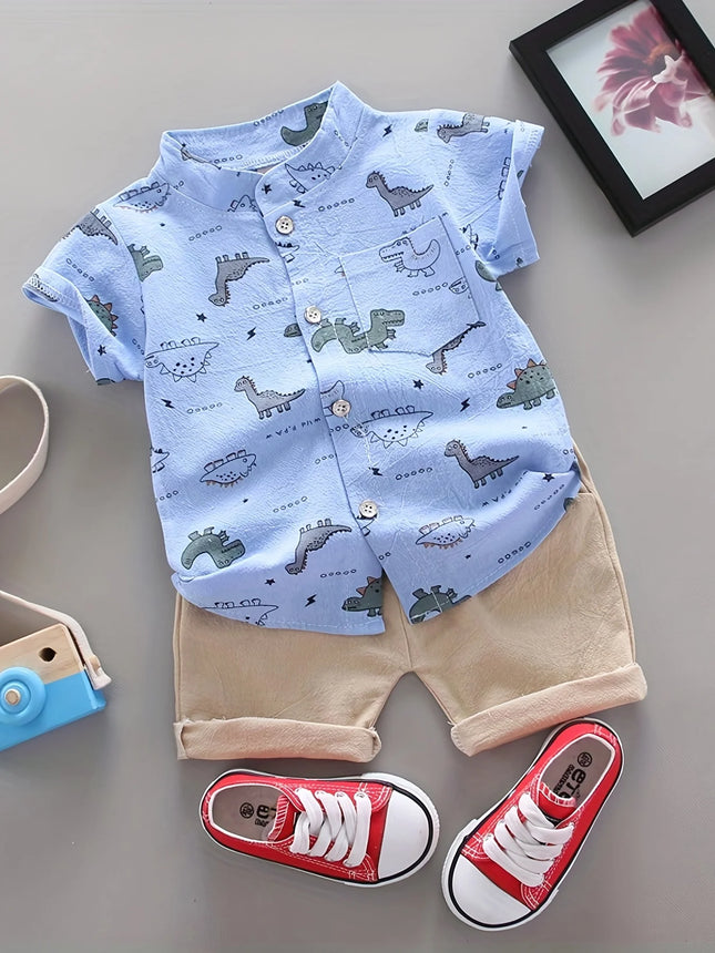 Infant and toddler summer full print small dinosaur pattern short-sleeved shorts set, outdoor stand-up collar shirt, fashionable