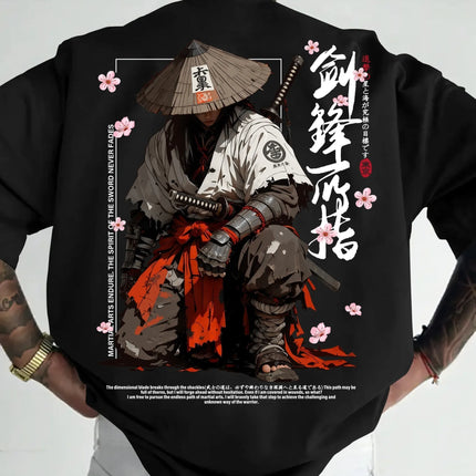 Summer Men's Japanese-style Ink-wash Samurai Pattern Casual Sports Street Style Trendy Short-sleeved T-shirt Soft Breathable