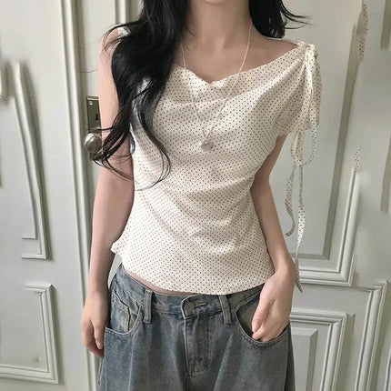 Women's Polka Dot Backless Halter Top Knot Slim Fit Short Sleeve Casual Streetwear Sexy Fashion Tee Top
