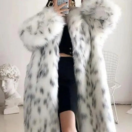 Women's Faux Fur Coat Long Autumn-Winter Fashion Casual Comfortable Warm White Leopard Print Long Sleeve Lapel Fox Fur Coat