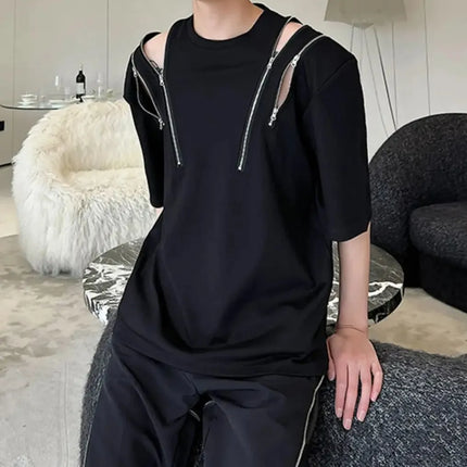 Summer New Techwear Mens Personalized Multi Zip Up Design Casual T-shirt Y2K Fashion Men Short Sleeve Black T Shirts Male Tops