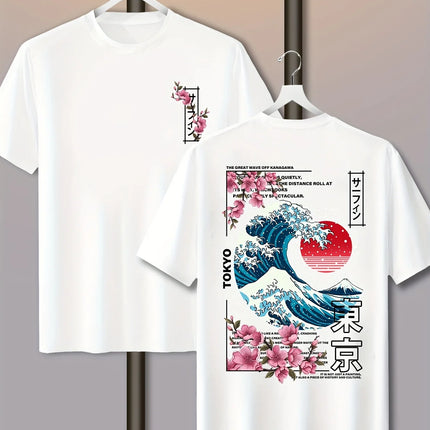 Men's Casual Tokyo Island Sunset Wave Print 100% Cotton T-shirt Short-sleeved Summer Breathable Street Trend Loose Comfortable