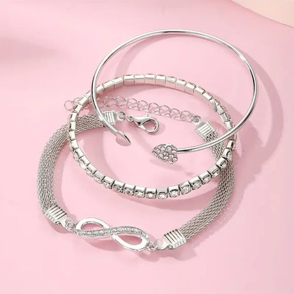 3pcs/Set Vintage Crystal Rhinestone Heart Bracelets for Women Fashion Geometric Adjustable Infinity Cuff Bangle Jewelry Gifts