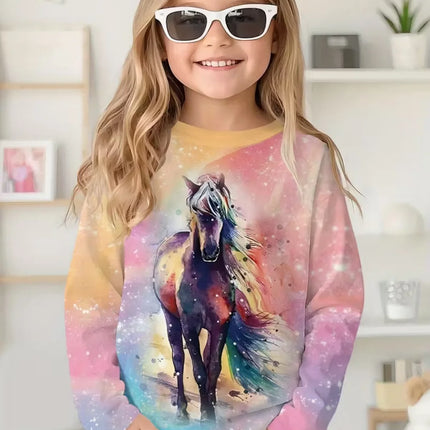 Girl Clothes Fashion Horse 3D Print Kids Long Sleeves T-Shirt Loose Casual Autumn Tops Outdoor Comfortable Children's Clothing