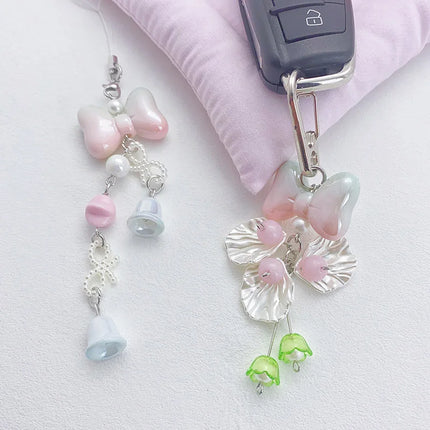 Pink Princess Bow Heart Phone Charm Bowknot Imitation Pearl love Star Beaded Lanyard Chain Keyring for Phone Backpack Wallet