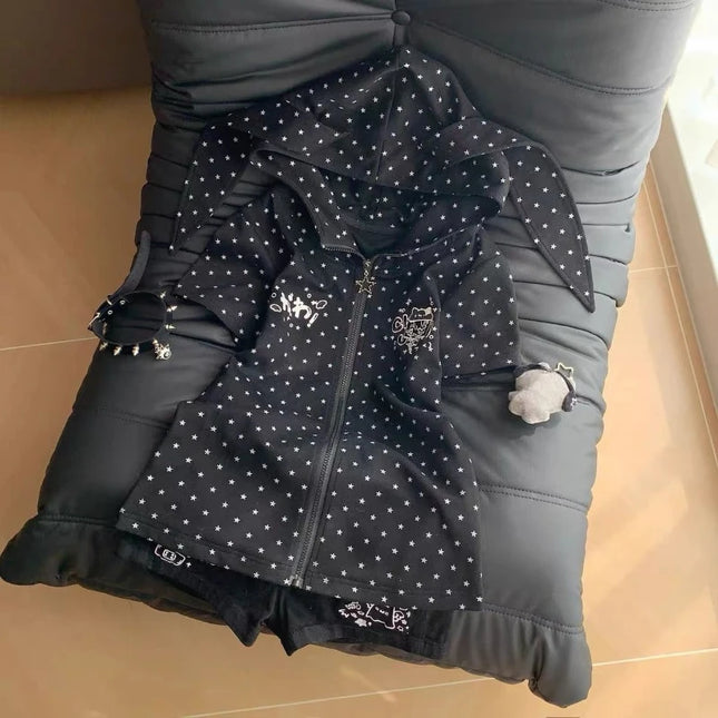 Japanese Vintage Rabbit Ears Hoodie Long Sleeve Polka Dot Print Y2k Retro Slim Zipper Patchwork Sweatshirt Women Sweet Cartoon