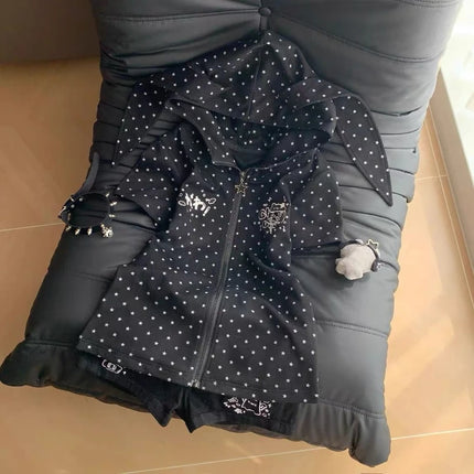 Japanese Vintage Rabbit Ears Hoodie Long Sleeve Polka Dot Print Y2k Retro Slim Zipper Patchwork Sweatshirt Women Sweet Cartoon