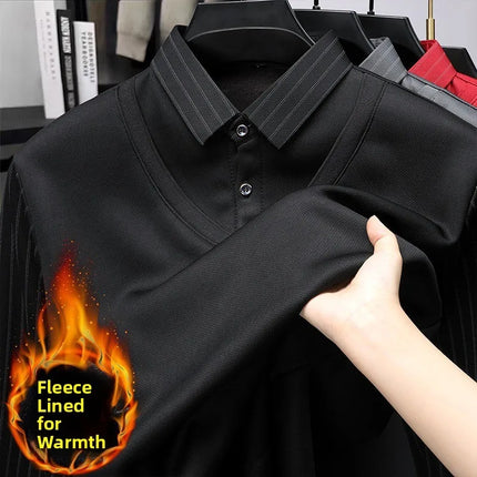 Men's Winter Thickened Fleece Lined Knitwear Polo Shirt Long Sleeve Loose Fit Solid Color Thermal Base Layer Two-Piece Look