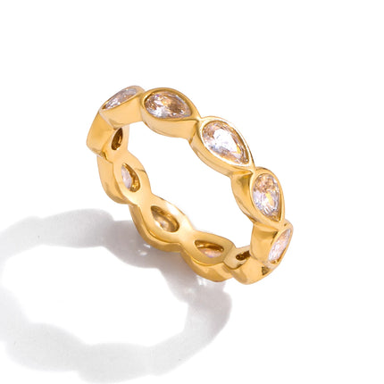 Uworld Minimalist 18K Gold Color Plated Stainless Steel Zircon Water Drop shaped Sparkling Ring Stackable Heart Shaped Full Zirc