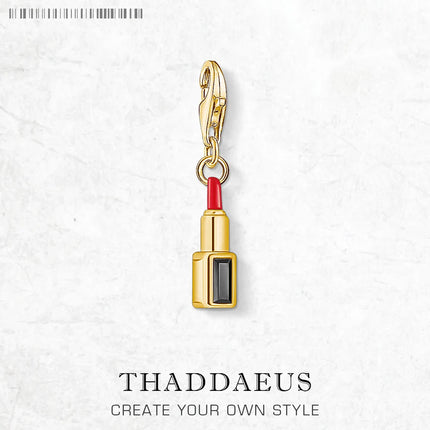 Red Lipstick Golden Pendant Solid 925 Sterling Silver Dangle Charm Women Fine Jewelry