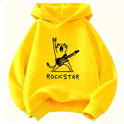 Vintage Rock Star with Music Cat Design Hoodie Kids Cat Children's Sweatshirt Hoody for Boys Girls Hip Hop Casual Hoodies
