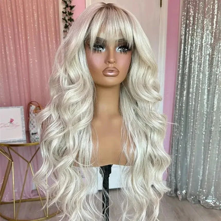 Loose Curly Ombre White Blonde With Short Roots Lace Top Wig With Bangs Synthetic And Blend Lace Premium Fibre Heat Resistant